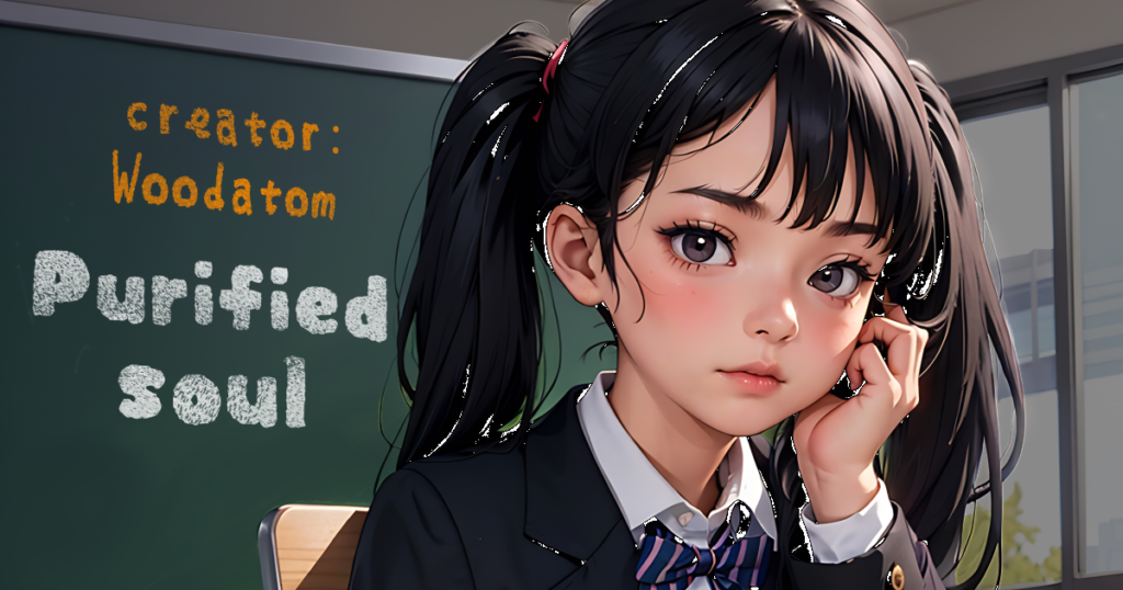 学校の教室で黒板を背にして座る女の子のイラストです。彼女は横を向いており、右手で頬を支えています。黒板には「creator: Woodatom」と「Purified soul」という文字が書かれており、彼女の表情は穏やかで、柔らかな雰囲気を漂わせています。彼女の制服は伝統的なセーラー服で、髪型はサイドテールで、黒髪が特徴です。